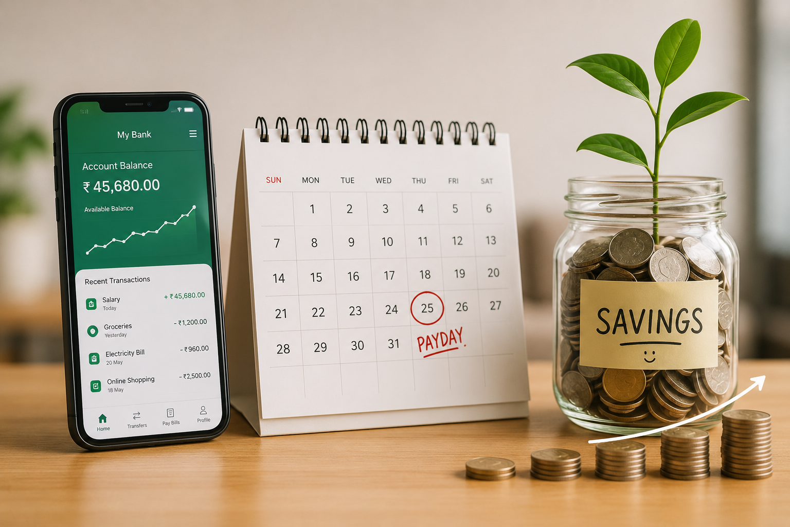 Smartphone and payday calendar representing automated savings.