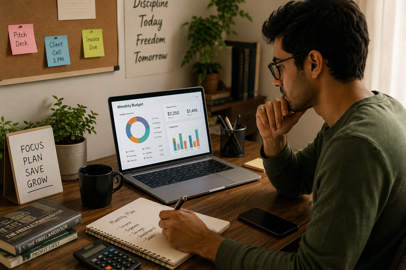Freelancer sitting at a desk reviewing a budget dashboard on a laptop with a notebook and coffee nearby.