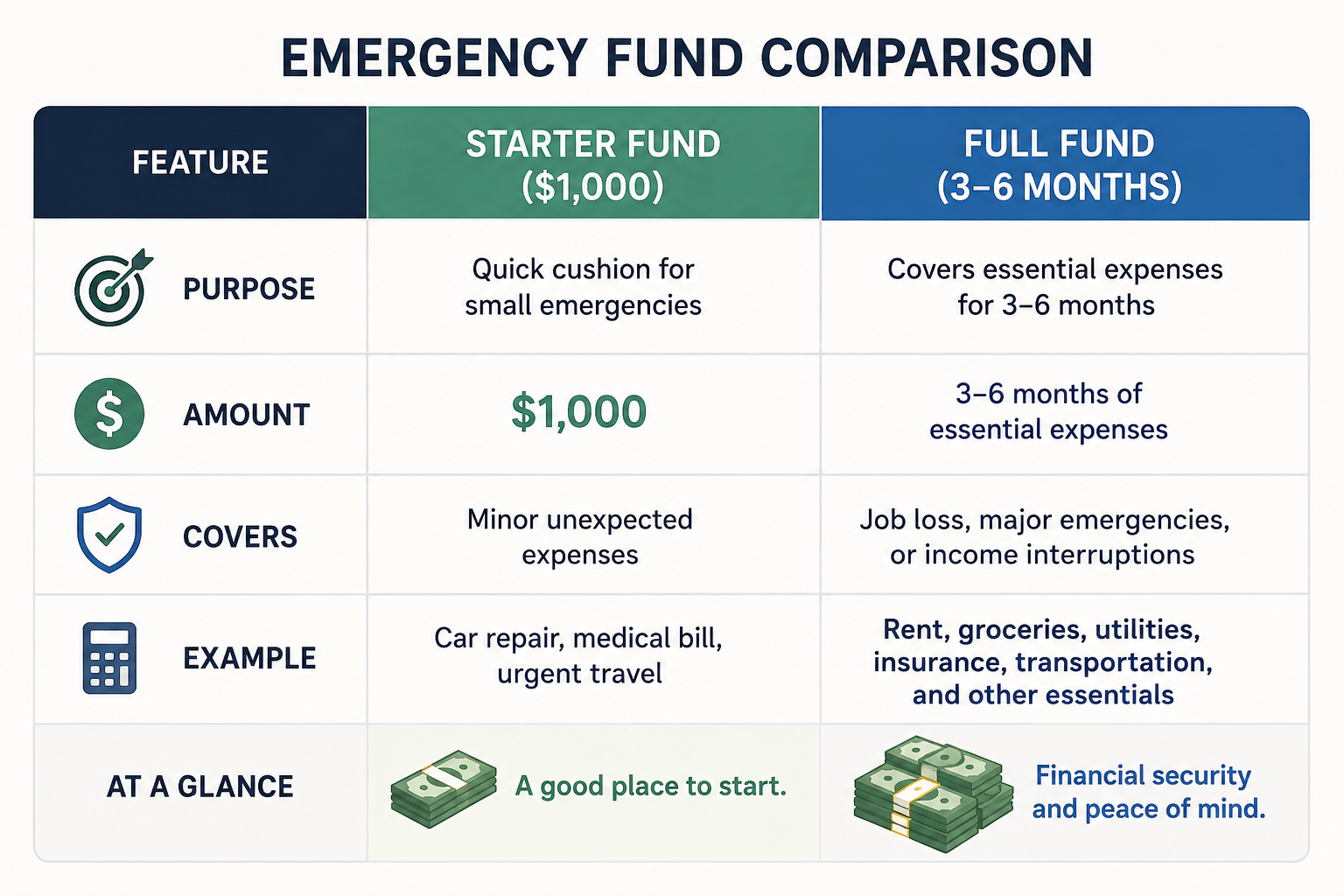 Difference between a $1,000 starter emergency fund to a full emergency fund covering 3-6 months of living expenses, illustrating the difference in savings goals.