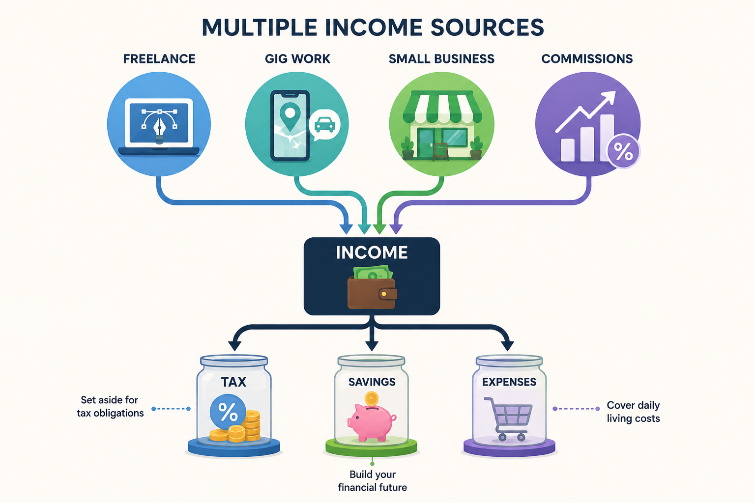 Abstract illustration showing multiple income sources flowing into separate accounts for taxes, savings, and expenses.